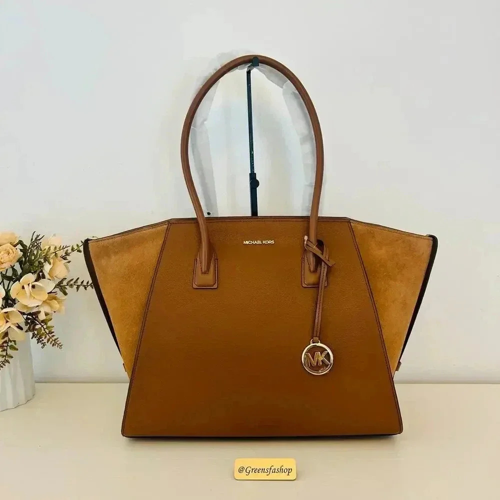 Michael Kors Avril Large Tan Leather Suede Tote Bag